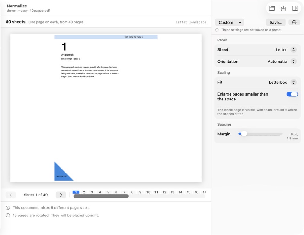 ExplorePDF showing an A4 page placed upright on a Letter sheet